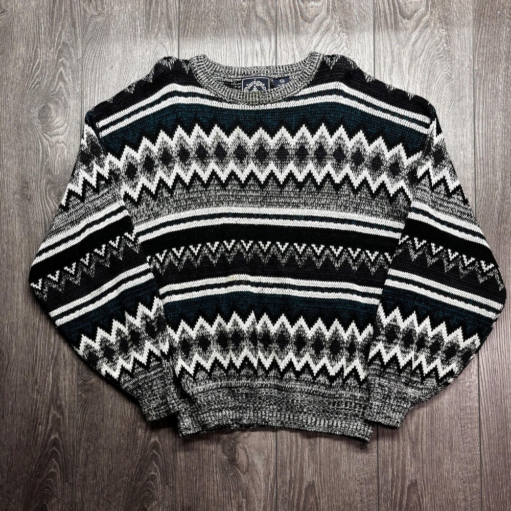 Vintage Geometric Knit Sweater Colourful Navigator XL 1980s Cottage